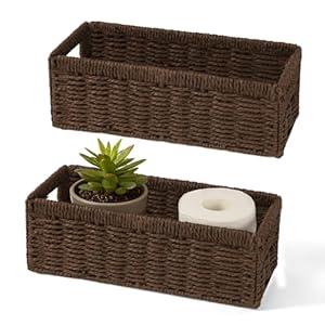 Maqauai Paper Rope Wicker Storage Baskets with Handles, 2 Pack Foldable Storage Basket, Rectangle Wicker Basket, Small Wicke Baskets for Pantry Shelves, Toilet Paper Storage Basket for Bathroom, Brown