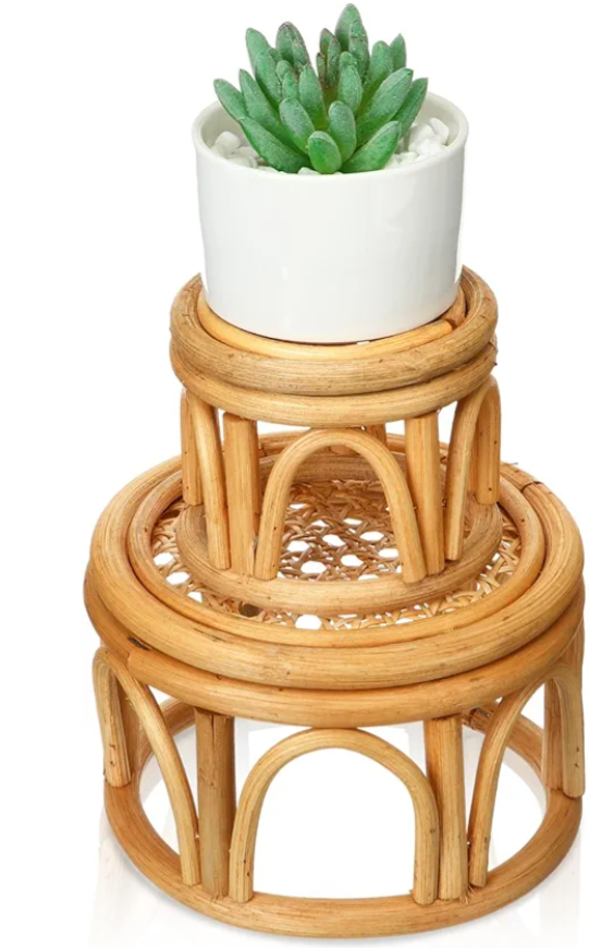 Wenqik 2 Pcs Boho Rattan Plant Stand Woven Wicker Round Riser Stand Indoor Rustic Farmhouse Natural Circle Plant Pedestal Round Accent Centerpiece for Home Kitchen Office Display, 2 Size