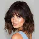 Lativ Dark Brown to Light Brown Wigs with Bangs Short Wavy Curly Wig for Women Shoulder Length 14 Inches Synthetic Resistant Hair for Daily Party Use