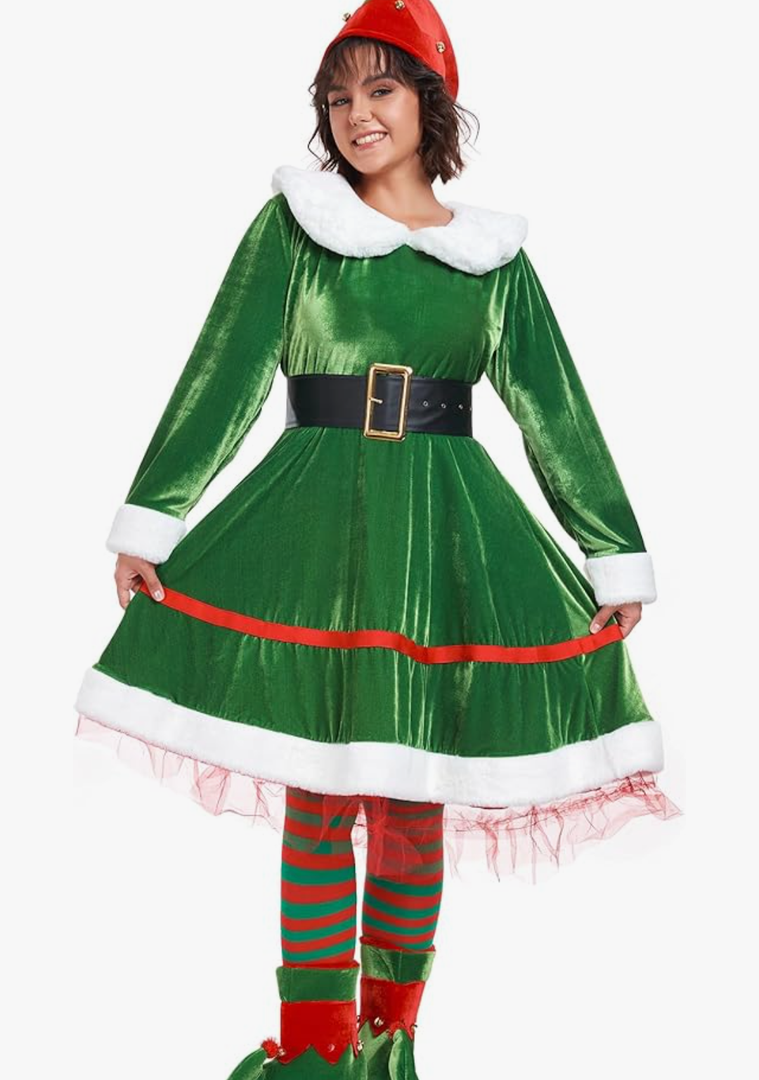 WeGuard Elf Costume for Women 5pcs Christmas Outfit Adult Santa Dress Plus Size with Hat Belt Shoes Cover Socks Xmas XL