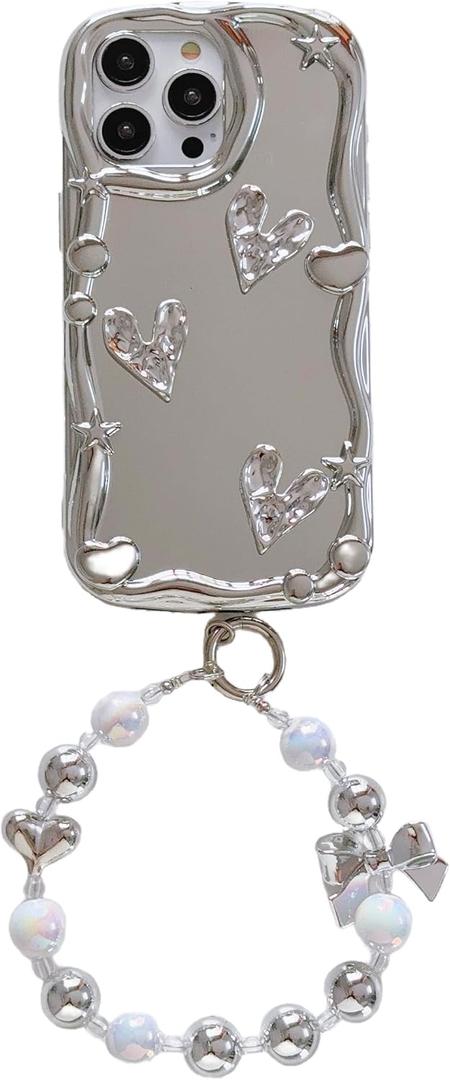 Electroplate Mirror Soft Case for iPhone X/iPhone Xs 5.8 inch,Soft TPU Wave Frame Shiny Make UP Mirror Creative Shockproof Full-Body Protection Women Girls Case with Bracelet Chain-Heart