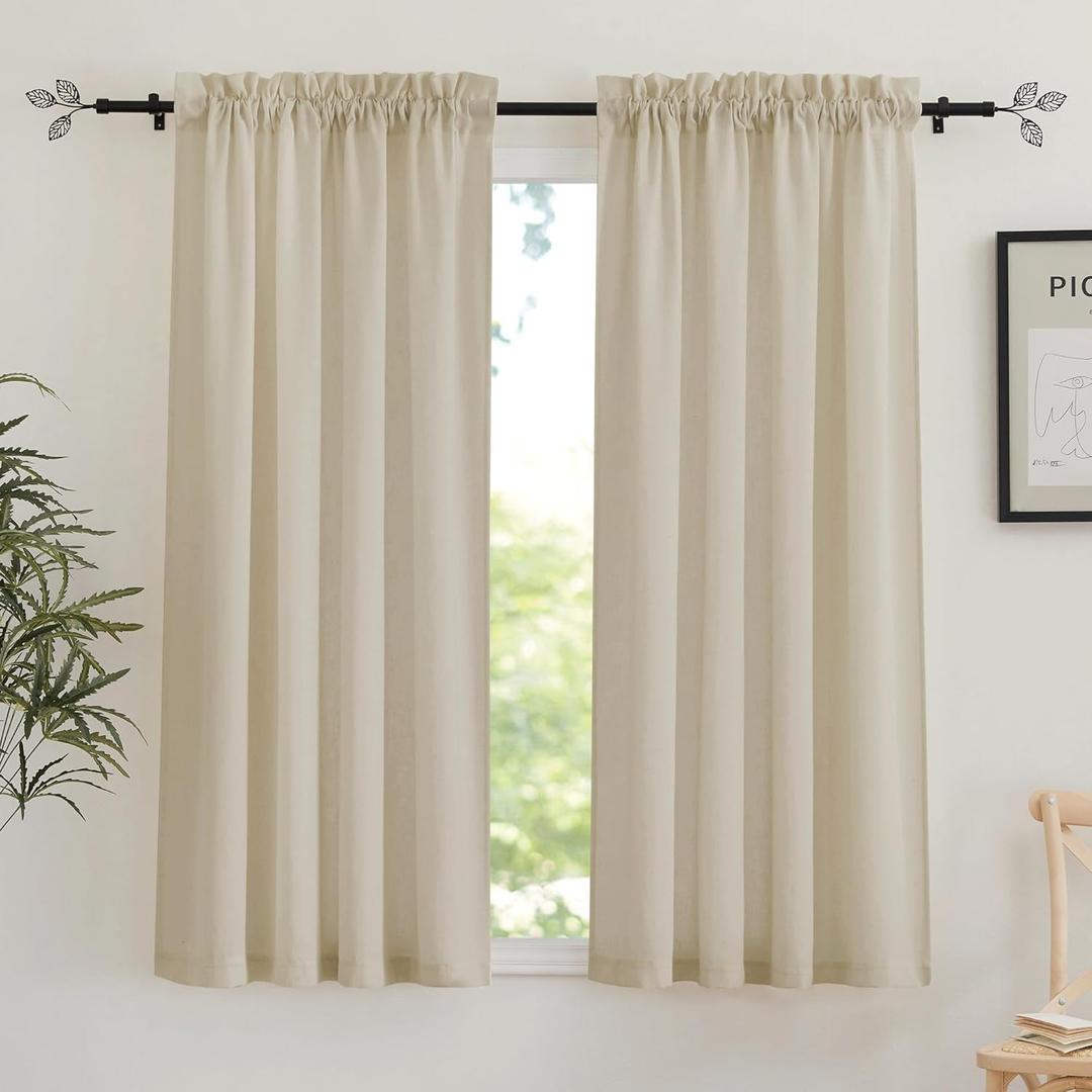 RYB HOME Linen Drapes 63 inches Long 2 Panels Set - Thick Flax Semi Sheer Curtains with Rod Pocket Boho Country Rustic Style for Bedroom, Living Room, W 38" x L 63", Taupe