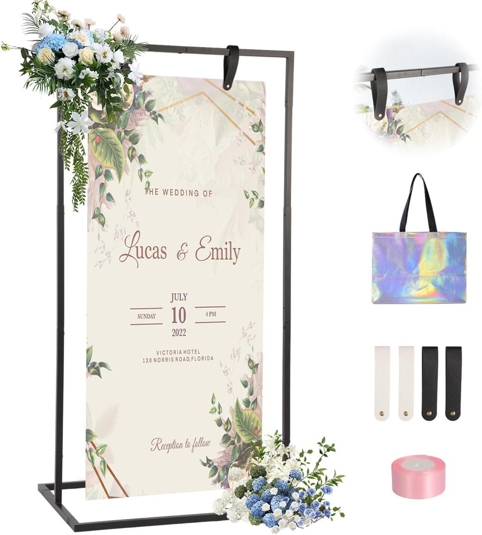 Wedding Welcome Sign Stand - 43" or 55" Heavy Duty Easel Stand for Sign with 4 Leather Strap, Welcome to Our Wedding Sign Holder Stand, Metal Floor Standing Easels for Signs, Poster (Black)