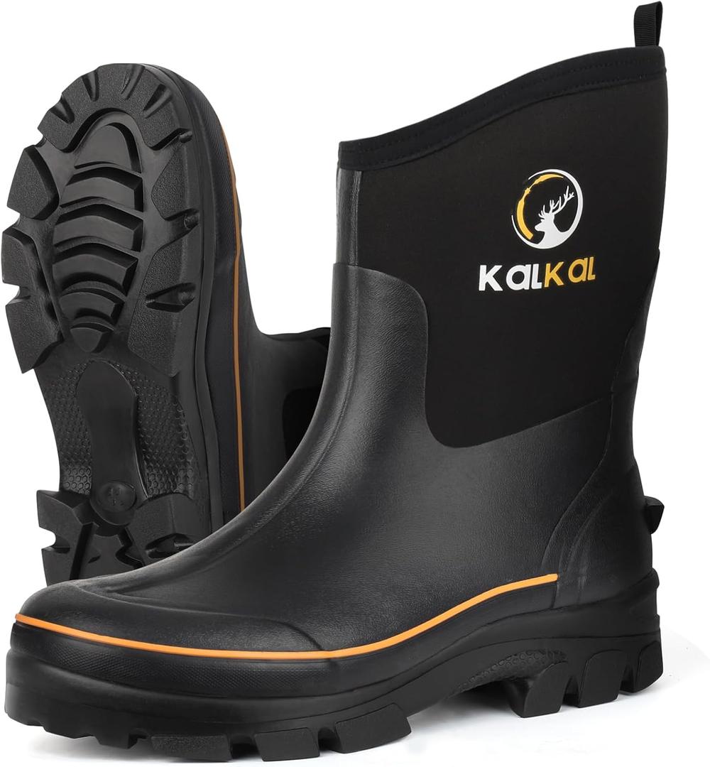 Kalkal Rubber Boots for Men, 6mm Neoprene Insulated Rain Boots with Steel Shank, Waterproof Mid Calf Rubber Work Boots For Mud Gardening Farming Fishing Hunting Working, Size 7-14 (12, Yellow)