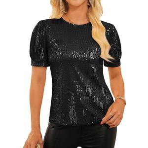 GRACE KARIN Womens Full Sequin Tops Sparkle Glitter Blouses Lantern Short Sleeve Shirts Dressy Party Concert Outfits (Large, Black)