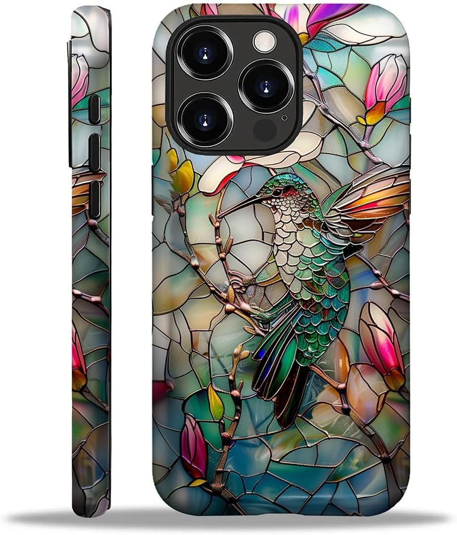 for iPhone 16 Pro Case,3D Stained Flower Looking Hummingbird Pattern for Girl Women Boy Hard Hybrid Shell Shockproof Silicone Full Body Protective Matte Case for iPhone 16 Pro