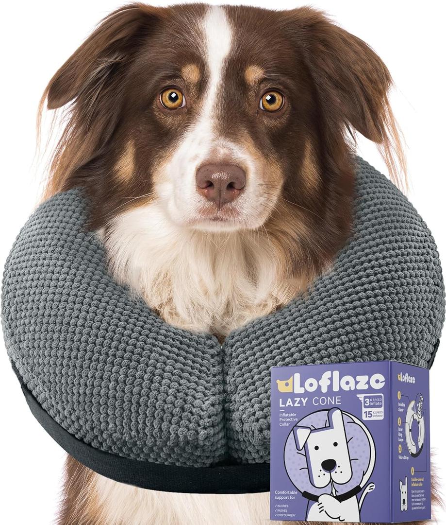 Loflaze Soft Inflatable Dog Cone Collar Alternative After Surgery - Dog Neck Donut E Collar for Large Medium Small Dogs Cats Post Surgery - Recovery Collar to Stop Licking - Grey, XL