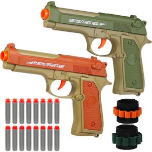 2 Pack Blaster Toy Guns for Boys Fit for Nerf Guns Darts, Small Toys Pistol for Boys Birthday Gifts, for Kids Toddlers Age 6-8 8-12 Year Olds - 16 Refill Foam Darts 2 Wristbands (Green Orange)