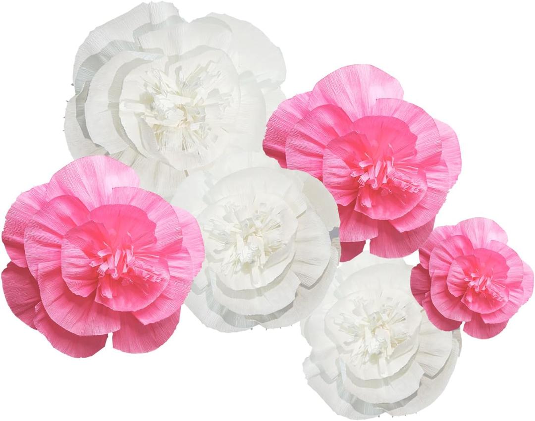 Pink Flowers Backdrop Decorations 6PCS White Handcrafted Flower Big Wall Paper Flowers for Girl Home Decor Giant Photo Booth Baby Shower Centerpiece Wedding Birthday Party