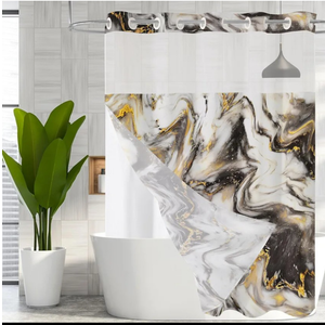 MitoVilla No Hooks Needed Marble Shower Curtain Set with Snap-in Liner, Modern Abstract Curtains for Luxury Hotel Grade Spa-Like Bathroom Decor, Black Gold, 72 x 74 74.00'' x 72.00''