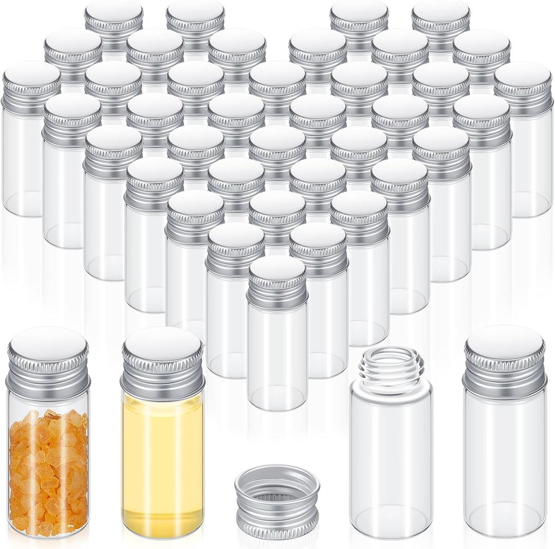 Didaey 50 Pcs Small Clear Vials Spice Mini Jars with Lids Mini Glass Bottles with Screw Aluminum Metal Caps Tiny Jars Sample Containers for Powder Cream Cosmetic Jewelry Wedding (10 ml,Silver Caps)