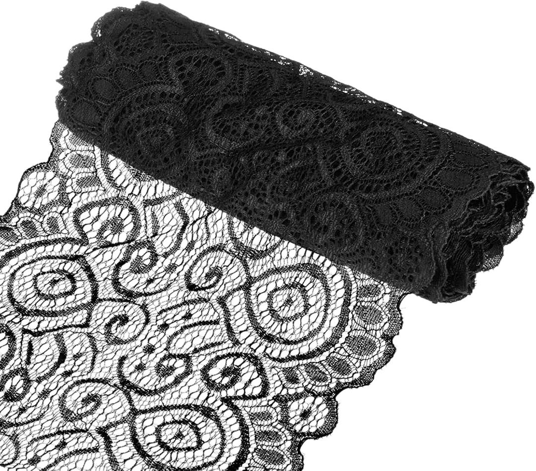 M METERXITY 15-Yard 7.1 Inch Wide Elastic Lace Fabric, Ribbon Stretchy Trim Lace W Floral Pattern for Bridal Wedding Decorations/Garment/Dress Sewing/DIY Crafts/Gift Bouquet [Black]