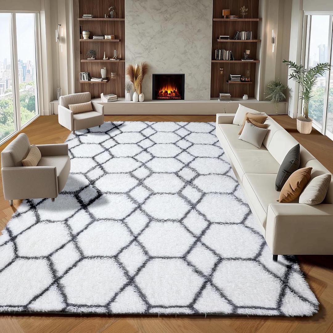 ONASAR 8x10 Area Rugs for Living Room, Fluffy White and Grey Rug for Bedroom, Geometric Moroccan Indoor Shaggy Boho Soft Plush Floor Carpet for Kids Teen Nursery Dorm Home Decor Aesthetic