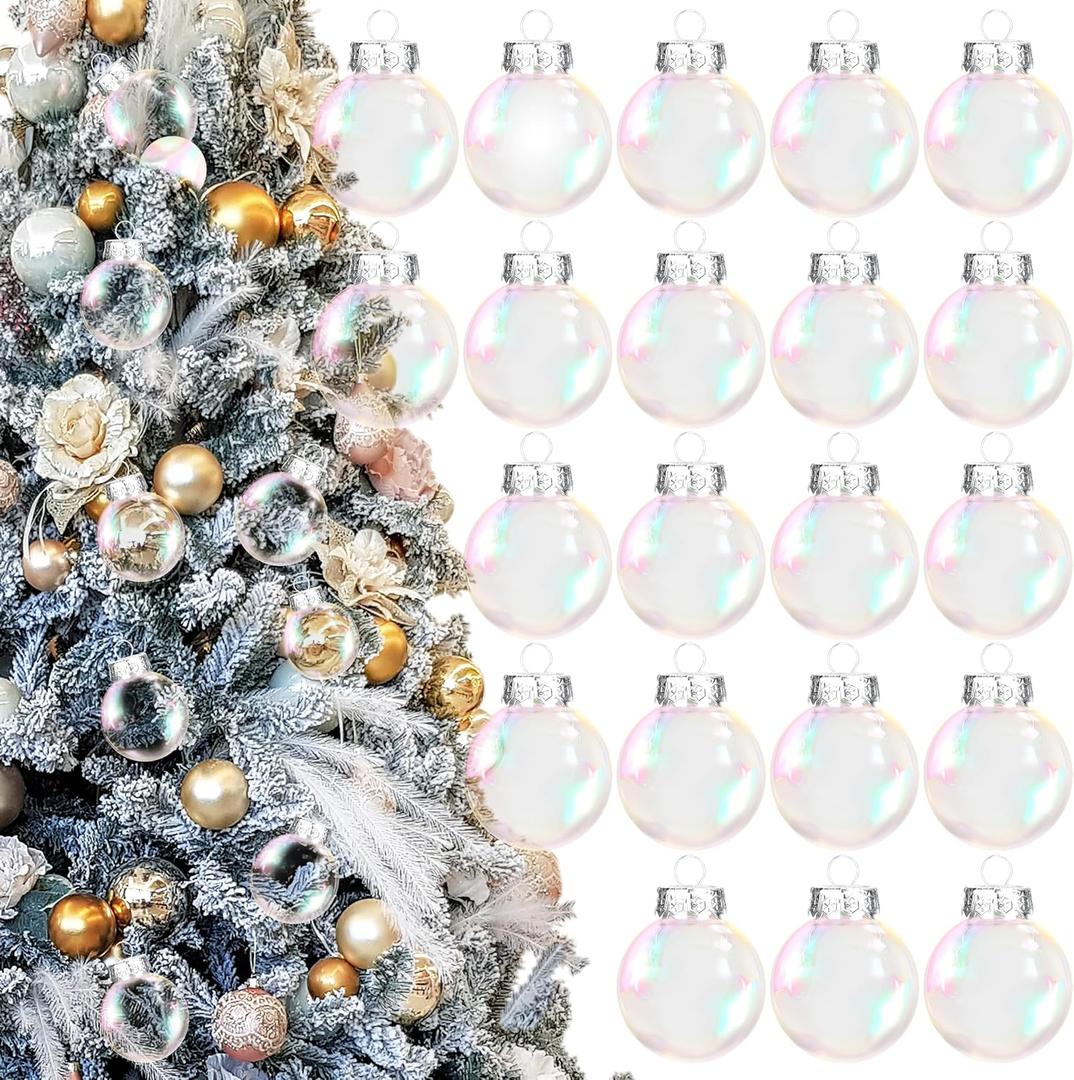 OCTERIC 30Pcs Christmas Iridescent Ornaments Balls, 2.4" Transparent Plastic Ornaments with Removable Silver Cap Hanging Cords for Xmas Holiday Home Party Decor DIY Crafts