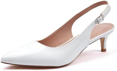 GENSHUO Low Kitten Heels Women's Slingback Dressy Pumps Pointed Closed Toe Ankle Strap Elegant Wedding Pumps Formal Comfortable Shoes, Size 8, White