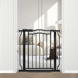Fairy Baby 29.5"-33.5" Baby Gate for Doorways, Dog Gate for Stairs No Drill, Pressure Mounted Safety Pet Barrier with Arch Design, Auto Close Tension Metal Baby Gate with Door Indoor Outdoor, Black