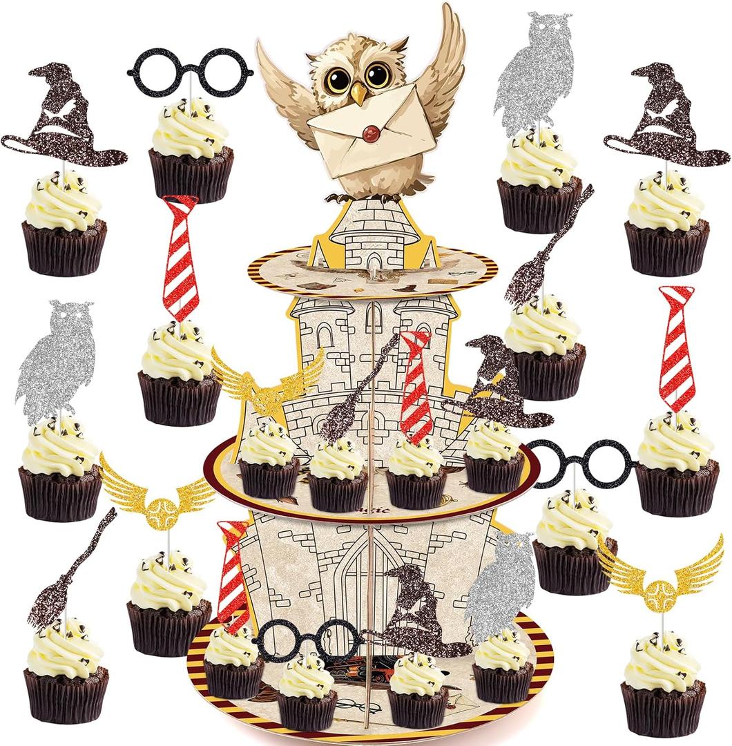Wizard Cupcake Stand Toppers, Halloween Magical School 3 Tier Cup Cake Tower Holder with Dessert Topper Set 25pcs Happy Birthday Baby Shower Party Decorations Display Supplies for Boys Girls Wizard Cupcake Stand Toppers, Halloween Magical School 3 Tier Cup Cake Tower Holder with Dessert Topper Set 25pcs Happy Birthday Baby Shower Party Decorations Display Supplies for Boys Girls