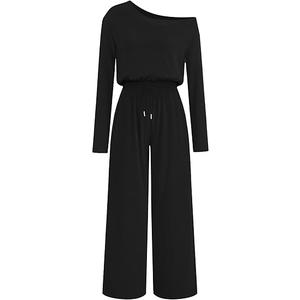Lazysmile Jumpsuits For Women Dressy Long Sleeve Off Shoulder One Piece Wide Legs Rompers Casual Fall Outfits with Pockets, Size: L