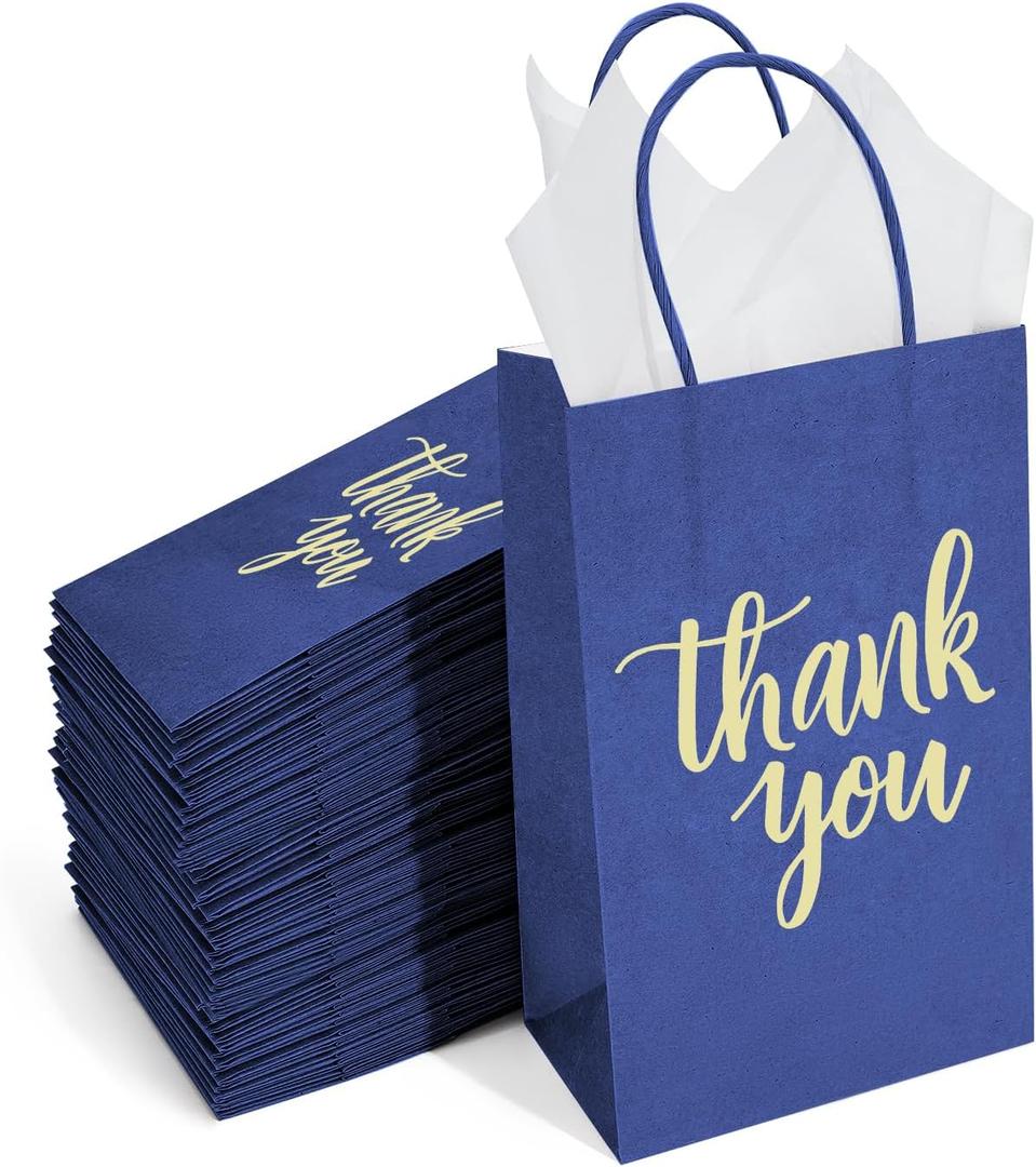 DjinnGlory 100 Pack Small Navy Blue Thank You Paper Gift Goodie Bags with Handles 9x5.5x3.15 Inch for Shopping Birthday Wedding Bridal Baby Shower Graduation 2024 Party Favors, Blue&Thank You