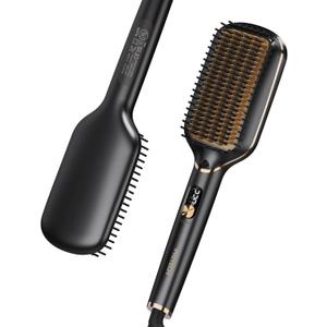 PRITECH Hair Straightening Brush Ionic 250-450°F Fasting Heating Anti-Scald & Auto-Off, Wide Plates Flat Iron Comb Teeth Dual-Voltage Straightener Hot Brush Ionizer Anti-Frizz (Black)