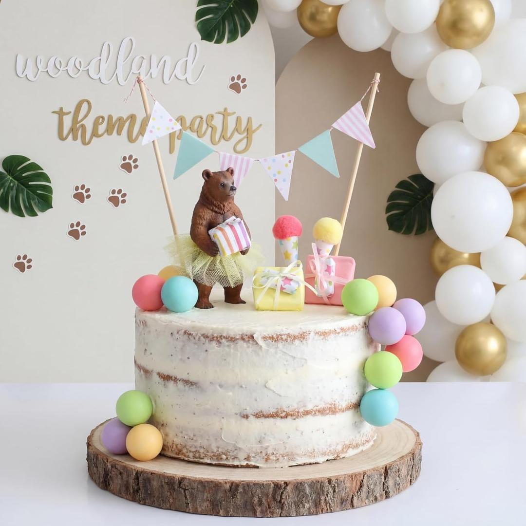 Weysat 19Pcs Brown Bear Cake Toppers Decorations Set Mini Birthday Hat Skirt Triangle Flag Banner Gift Box Decor Balls and Ice Cream Cone Cake Topper for Bear Theme Birthday Gender Reveal Party Decor