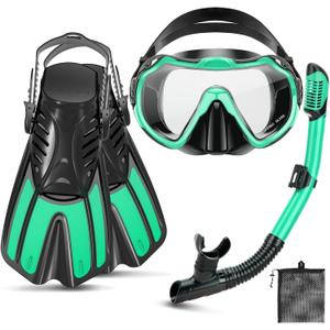 Snorkeling Gear for Kids Adults, 4 in 1 Travel Mask Fins Snorkel Set with Panoramic View Anti Fog Mask, Dry Top Snorkel, Trek Fins and Travel Bag, Snorkel Gear for Swimming Diving Snorkeling (Turquoise)