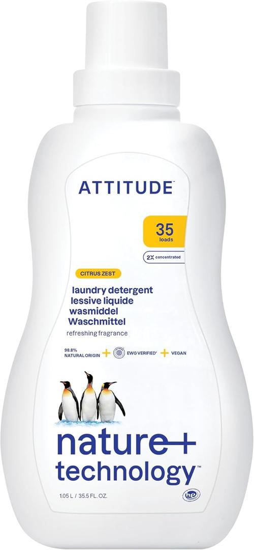 ATTITUDE Liquid Laundry Detergent, EWG Verified, HE Compatible, Plant-Based & Vegan, Natural Laundry Soap, Citrus Zest Scent, 35 Loads, 35.5 Fl Oz