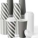 JOLLY CHEF 100 Pack 20 oz Disposable Coffee Cup with Lids, Printed Hot Paper Coffee Cups for Home, Business, Restaurant (Stripes and Grey)