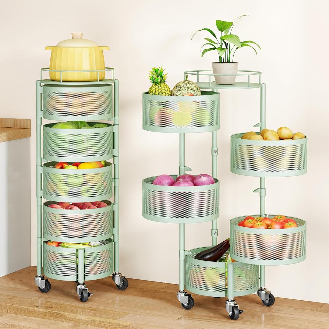 SAYZH Fruit Vegetable Basket for Kitchen, Rotating Storage Rack, 5 Tier Rolling Cart with top lid, Large Metal Wire Basket for for Potato Onion Snack, Green