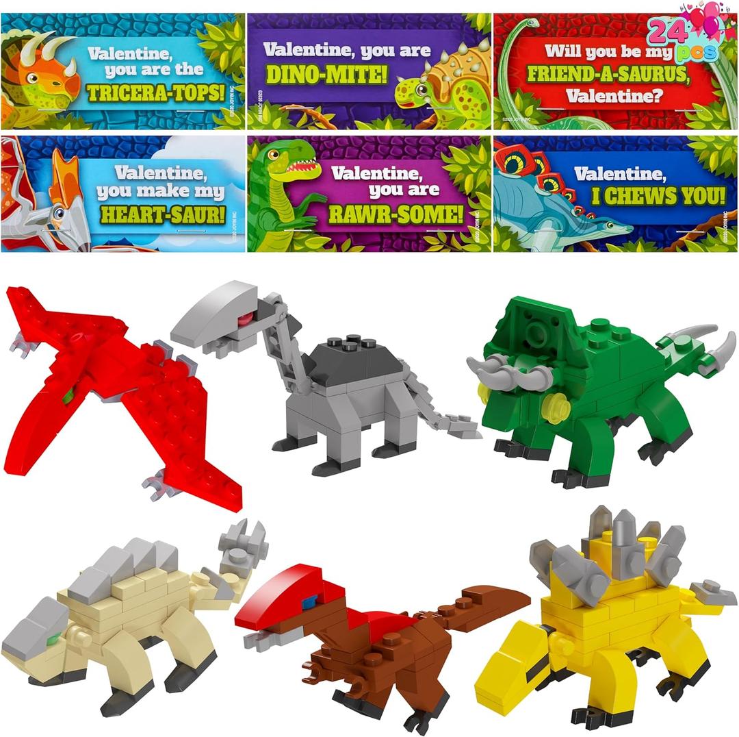 JOYIN 24 Packs Valentines Day Cards with Dinosaur Building Blocks for Gifts Party Favor, Classroom Exchange Prize, Valentines Greeting Cards
