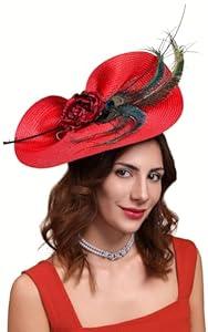 Cizoe Fascinators for Women Derby Headpiece Tea Party Hats with Veil Wedding Headware Bridal Headpiece(Red)