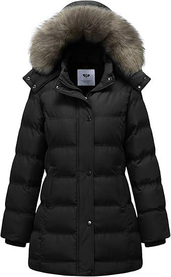 Women's Hooded Warm Winter Coat Quilted Thicken Puffer Jacket with Removable Fur Hood, Size L 