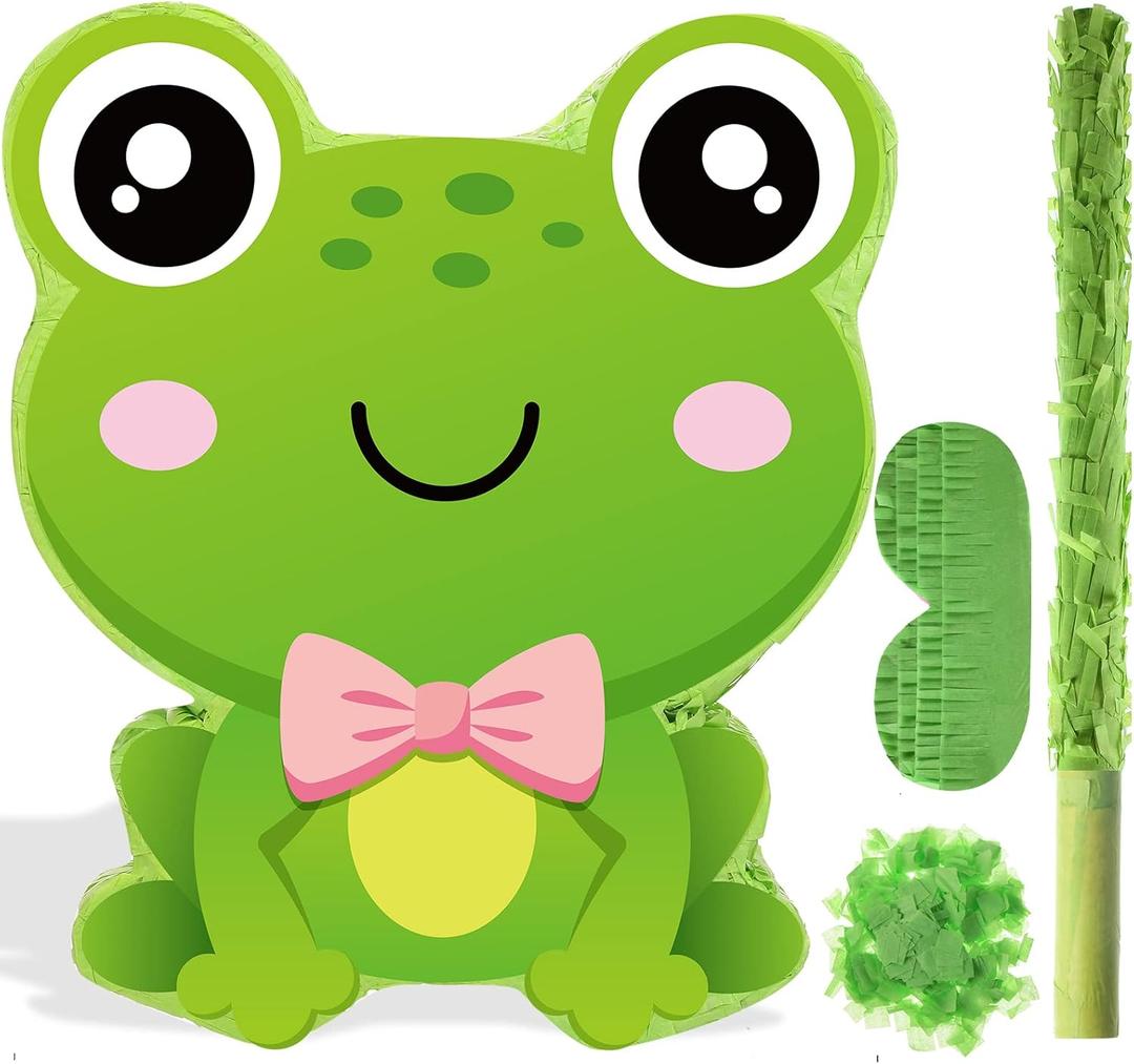 Aoriher Frog Piata with Stick Blindfold and Confetti Frog Birthday Party Favors Decorations for Country Farm Theme Party Supplies Toys Outdoor Games, 15 x 13 x 3.2 Inch