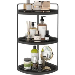 Fixwal Corner Bathroom Counter Organizer, 3 Tier Rustic Bathroom Organizer, Wood Countertop Storage Tray for Vanity, Kitchen, Bedroom (Black)