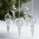 6PCS 6-Inch Hand-Blown Glass Finial Christmas Tree Hanging Ornaments -Large Elegant Clear Glass Vintage Holiday Decorations for Tree, Mantel, Party - Luxury Handmade Seasonal Dcor(Clear)