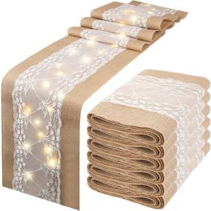 Xinnun 6 Pcs Burlap Table Runner with Lights 12 x 108 Inches Burlap Lace Table Runner Rustic Wedding Decorations Home Party (Vine)