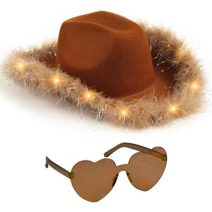 Funcredible Purple Light Up Cowboy Hat and Glasses - Cowgirl Hat for Girls - Cowboy Hat with Feathers - Cowgirl Accessories (Brown)