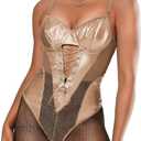 Kaei&Shi Rave Outfits Bodysuit Tops, Fishnet Corset Body Suit, Sexy Lingerie For Women, Faux Leather Festival Goth (0-2, Champagne) X-Small