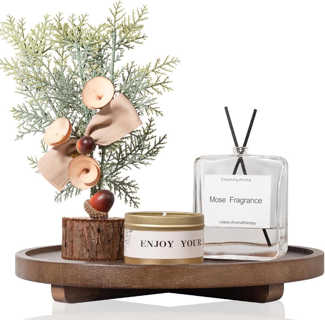 Round Decorative Tray Wood Bathroom Counter Organizer Farmhouse Kitchen Decor Wooden Riser for Soap Dish, Perfume, Candle, Sponge, 11" - Walnut