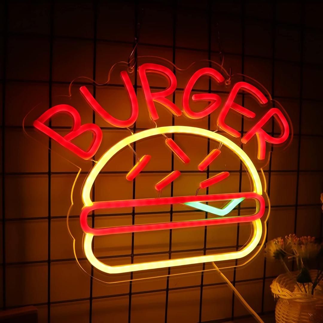JFLLamp BURGER Neon Signs for Wall Decor Neon Lights for Bedroom Led Business Signs Suitable for Hamburger Restaurant Office Man Cave Beer Bar Pub 5V Power Adapter, 14.1 * 10 Inch(Red+ Warm White)