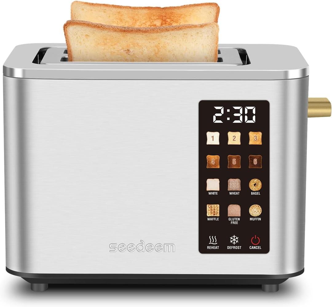 SEEDEEM Toaster 2 Slice, Touch Control Screen, Smart Stainless Toaster, 6 Shade Setting, 6 Bread Selection, Countdown, Removable Crumb Tray, 900W, Silver Metallic (9.4*6.3*7.3)