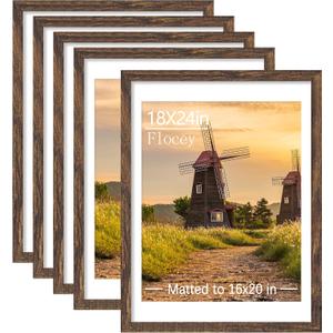 18x24 Picture Frame Set of 5, Rustic Brown Poster Frame, Display Pictures 16 x 20 with Mat or 18 x 24 Without Mat for Horizontal or Vertical Wall Mounting, Wall Gallery Frame for Artwork