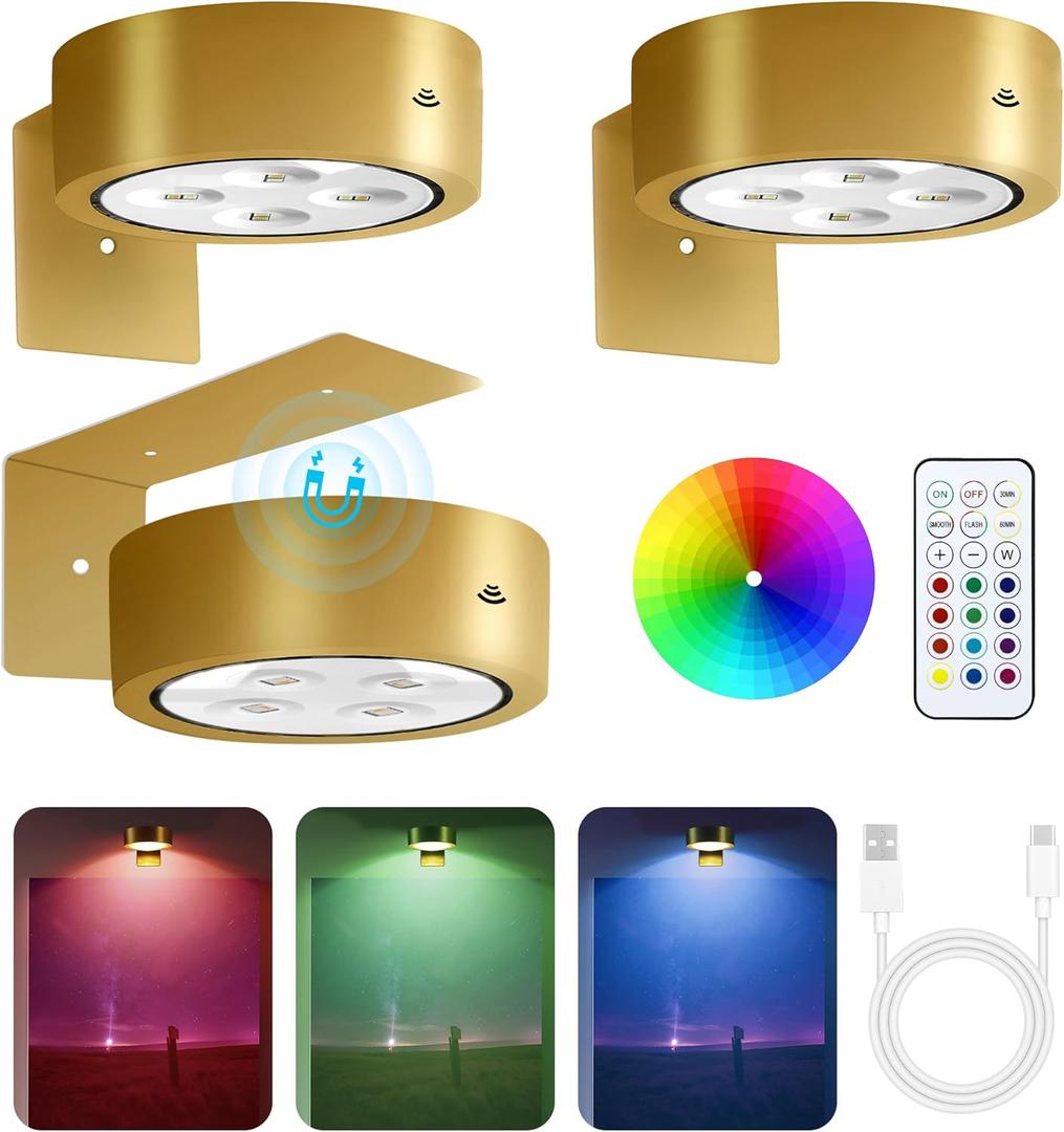 3-Pack Picture Lights for Wall, 13 RGB Color Changing Led Art Display Light with Rechargeable Battery Operated, Magnetic Painting Light with Remote Control, Wireless Home Wall Decorative Lighting