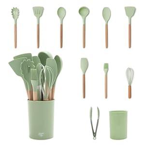 GreenLife 11 Piece Silicone Utensil Crock Set, Nonstick Kitchen Tools, Ladle, Turner, Slotted Turner, Spatula, Spoon, Spaghetti Server, Brush, Whisk, Tongs, Crock, Dusty Pink