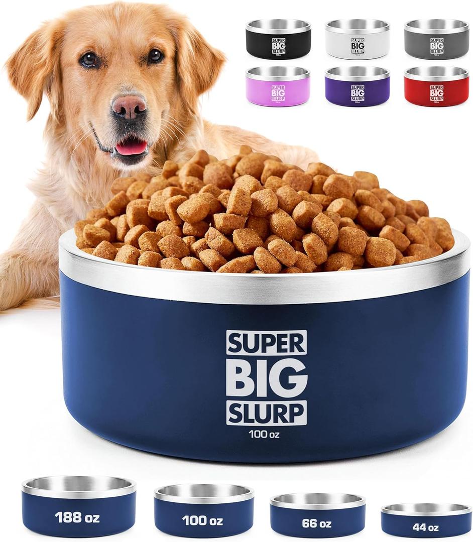 Tuff Pupper 100 oz Heavy Duty Insulated Stainless Steel Dog Bowl for Large Dogs, Non-Slip Base, Dishwasher Safe (Midnight Blue)