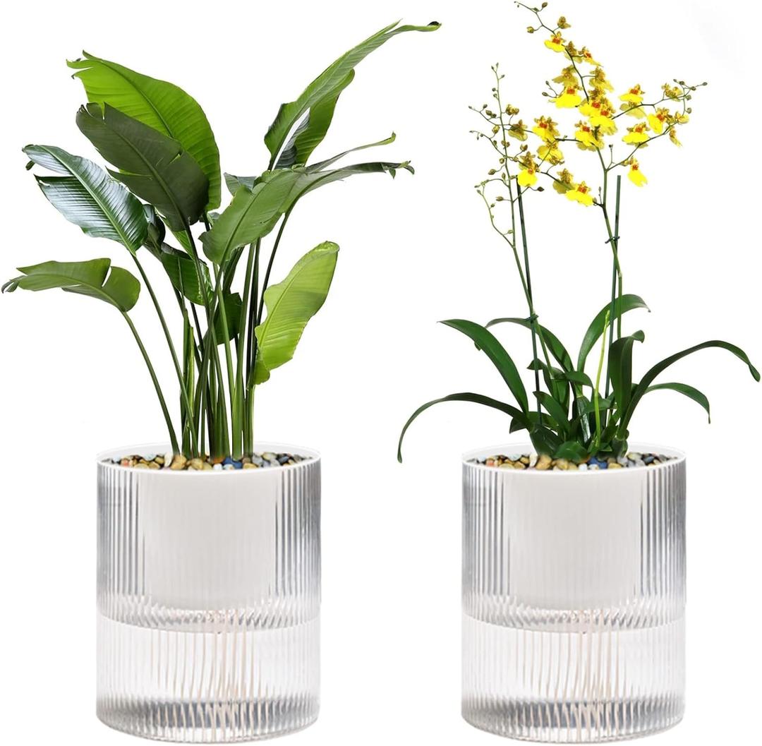 Self Watering Planter,Indoor Plants Pots for 4 Inch,2 Pack Clear White Plastic Flower Pot with Wick Rope,Home Modern Cylindrical Ribbed Decorative Pot for African Violets, Orchid,Aloe.