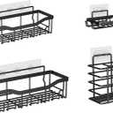 Non-Perforated Bathroom Storage Rack Shelf Set, Wrought Iron Wall-Mounted Shelf, Washing and Storage (Square 6-hook Black 4-piece Set)