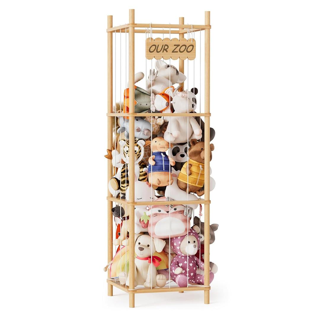 SpaceAid Stuffed Animal Storage Organizer, Wood Animals Zoo Toy Plushies Storage Holder, Large Capacity Plush Toy Cage for Playroom Organization, 15.8" Wide, Natural