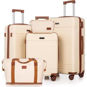 Luggage Sets 5 Piece with Spinner Wheels, Lightweight Hardshell Suitcases Set with Lock for Men and Women, Carry on Luggage Travel Set with Durable ABS Hard Case (Beige)