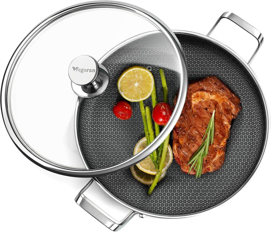 Vegoran Stainless Steel Pan With Cooking Lid,13 Inch Non Stick Frying Pans, PFOA Free, Dishwasher and Oven Safe Cooking Fry Pans (13 INCH PAN)